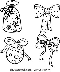 This image features festive, black-and-white drawings of a decorated gift bag, two variously styled ribbons, and a polka-dotted ornament, perfect for holiday-themed art.