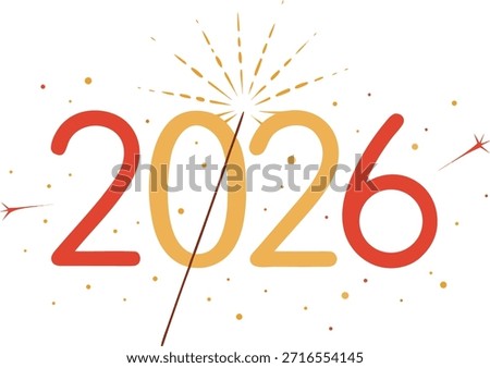 This image features a festive celebration of the year 2026. The number '2026' is prominently displayed in bold, colorful letters with a gradient from orange to red. Sparkling fireworks and stars surround the number, adding to the celebratory atmosphere. The design conveys a sense of joy and anticipation for the future year.