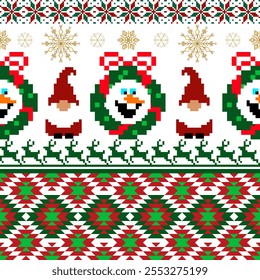 Esta imagem apresenta um padrão de Natal festivo com bonecos de neve pixel art, figuras de Papai Noel, renas, grinaldas, flocos de neve e desenhos geométricos em vermelho, verde e branco cores.Vetor sem emenda paraNatal