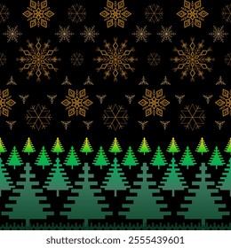 This image features a festive design with green pixelated pine trees on the bottom and golden snowflake patterns on a black background, creating a holiday-themed scene.Vector geometric pattern. Xmas