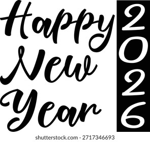 Esta Imagen presenta un mensaje festivo de "Feliz Año Nuevo 2026". La frase "Feliz Año Nuevo" se traduce en una elegante y fluida fuente de escritura negra sobre un fondo blanco limpio, transmitiendo un sentido de celebración y elegancia. A la derecha, el año "2026" se muestra prominentemente en una Orientación de Vertical con números blancos en negrita sobre un fondo rectangular negro contrastante. Este gráfico es ideal para tarjetas de felicitación, Anuncios, publicaciones en redes sociales o cualquier diseño que celebre la llegada del nuevo año.