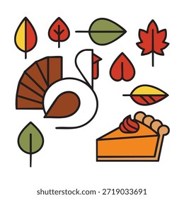 This image features a festive Thanksgiving theme with a turkey, autumn leaves, and a slice of pumpkin pie. The turkey is prominently displayed in the center, surrounded by colorful autumn leaves in various shades of orange, yellow, and green. To the right, there is a delicious slice of pumpkin pie with whipped cream on top, symbolizing a traditional Thanksgiving dessert. The overall composition captures the essence of a warm and joyful Thanksgiving celebration.