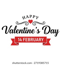 Esta Imagen presenta un saludo festivo de San Valentín con el texto 'Feliz Día de San Valentín' en un lugar destacado. El diseño incluye un Pequeño corazón rojo y remolinos decorativos sobre el texto. Debajo del texto principal, hay un Anuncio rojo con la fecha '14 de febrero' escrito en blanco. El esquema general de colores es rojo y negro sobre un fondo blanco, creando una sensación clásica y romántica.