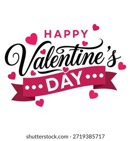 Esta Imagen presenta un saludo festivo de San Valentín con el texto 'Feliz Día de San Valentín' en un lugar destacado. El diseño incluye un Pequeño corazón rojo y remolinos decorativos sobre el texto. Debajo del texto principal, hay un Anuncio rojo con la fecha '14 de febrero' escrito en blanco. El esquema general de colores es rojo y negro sobre un fondo blanco, creando una sensación clásica y romántica.