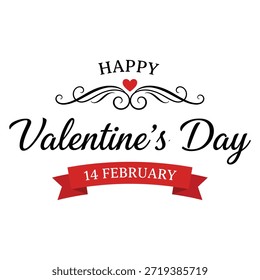 Esta Imagen presenta un saludo festivo de San Valentín con el texto 'Feliz Día de San Valentín' en un lugar destacado. El diseño incluye un Pequeño corazón rojo y remolinos decorativos sobre el texto. Debajo del texto principal, hay un Anuncio rojo con la fecha '14 de febrero' escrito en blanco. El esquema general de colores es rojo y negro sobre un fondo blanco, creando una sensación clásica y romántica.