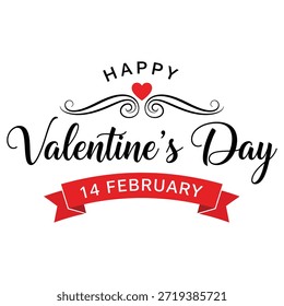 Esta Imagen presenta un saludo festivo de San Valentín con el texto 'Feliz Día de San Valentín' en un lugar destacado. El diseño incluye un Pequeño corazón rojo y remolinos decorativos sobre el texto. Debajo del texto principal, hay un Anuncio rojo con la fecha '14 de febrero' escrito en blanco. El esquema general de colores es rojo y negro sobre un fondo blanco, creando una sensación clásica y romántica.