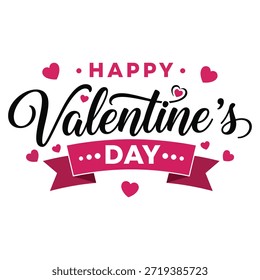 Esta Imagen presenta un saludo festivo de San Valentín con el texto 'Feliz Día de San Valentín' en un lugar destacado. El diseño incluye un Pequeño corazón rojo y remolinos decorativos sobre el texto. Debajo del texto principal, hay un Anuncio rojo con la fecha '14 de febrero' escrito en blanco. El esquema general de colores es rojo y negro sobre un fondo blanco, creando una sensación clásica y romántica.