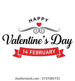 Esta Imagen presenta un saludo festivo de San Valentín con el texto 'Feliz Día de San Valentín' en un lugar destacado. El diseño incluye un Pequeño corazón rojo y remolinos decorativos sobre el texto. Debajo del texto principal, hay un Anuncio rojo con la fecha '14 de febrero' escrito en blanco. El esquema general de colores es rojo y negro sobre un fondo blanco, creando una sensación clásica y romántica.