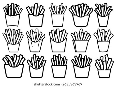 Esta imagem apresenta quinze variados pacotes de batatas fritas contorno, cada um segurando batatas fritas recém-cortadas, tudo definido contra um fundo branco escuro mostrando simplicidade.