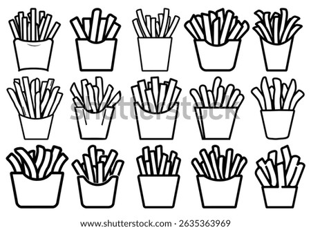 This image features fifteen varied outline french fries packages, each holding freshly cut fries, all set against a stark white backdrop showcasing simplicity.