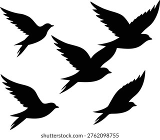 This image features five distinct black silhouette illustrations of birds captured in mid-flight. Each bird is rendered with its wings outstretched, showcasing dynamic poses. The stark black shapes against the white background create a clear and versatile graphic element.