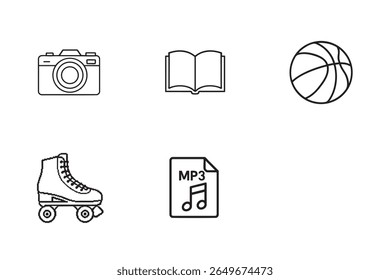 This image features five line art icons: a camera, an open book, a basketball, a roller skate, and an MP3 file.