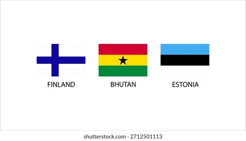 Esta imagem mostra as bandeiras da Finlândia, Butão e Estônia, cada uma representando seus respectivos países