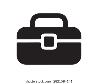 This image features a flat, black silhouette of a vintage briefcase with a handle and latch, set against a clean white background. The silhouette style provides a distinctive graphic element.