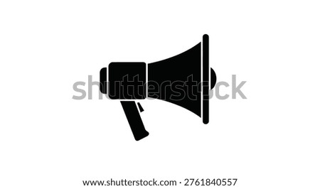 This image features a flat, black megaphone graphic on a clean white backdrop. The design conveys concepts of communication, announcement, and amplifying sound effectively.