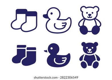 This image features flat, blue icons of baby booties, a rubber duck, and a teddy bear, set against a white