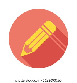 This image features a flat design yellow pencil drawing tool icon centered on a red circular background, casting a subtle shadow for depth.
