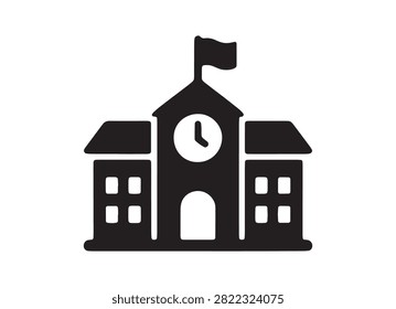 This image features a flat icon silhouette of a school building with a prominent clock tower, set against a clean white background. The distinctive silhouette style makes it ideal for educational themes.