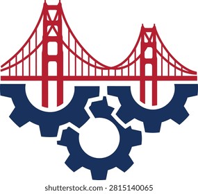 This image features a flat vector illustration of the Golden Gate bridge above gear silhouettes, set against a white background.