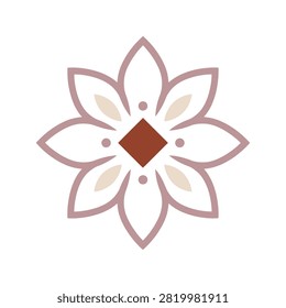 This image features a floral ornament constructed from geometric petals surrounding a central diamond shape. It is a flat vector illustration with a white background, showcasing a simple and delicate design.
