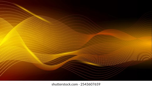 Esta imagem apresenta ondas douradas fluindo em um fundo escuro, mostrando um design abstrato. O conceito ilustra o movimento e a fluidez. Ilustração vetorial