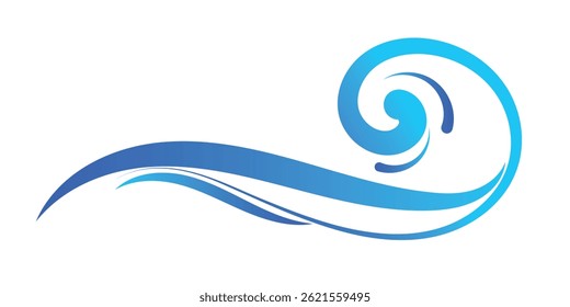 This image features flowing, stylized blue waves against a white background.	