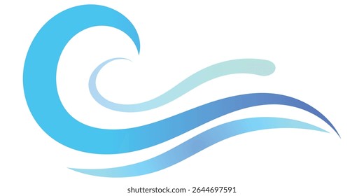 This image features flowing, stylized blue waves against a white background.	