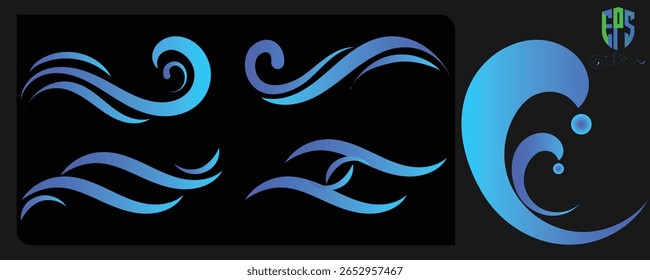 This image features flowing, stylized blue waves against a white background set.