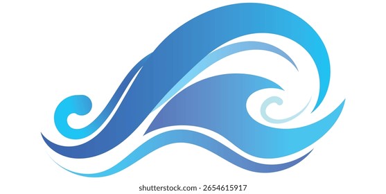 This image features flowing, stylized blue waves against a white background,With Ocean wave.
