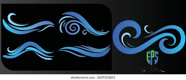 This image features flowing, stylized blue waves against a white background,With Ocean wave.