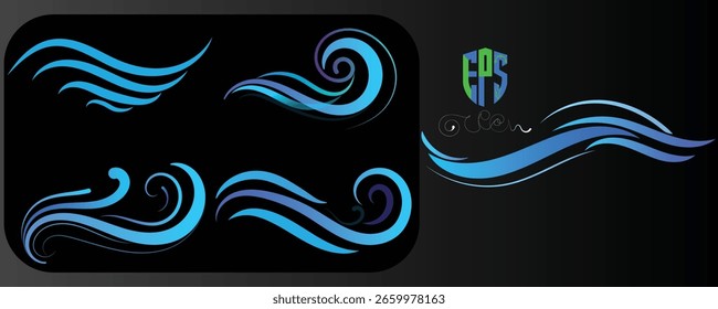 This image features flowing, stylized blue waves against a white background,With Ocean wave.