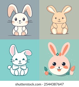 Esta Imagen cuenta con cuatro conejos de dibujos animados adorables, cada uno con su propio encanto único. Los conejos se representan en varias poses, incluyendo sentados y sonriendo. Vienen en una variedad de colores, incluyendo