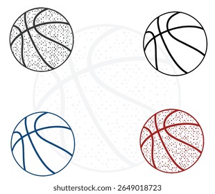 This image features four basketballs in different artistic styles, with a faded basketball design in the background. The styles include dotted and outlined.