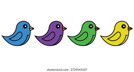 This image features four birds, each with a distinct vibrant color: blue, purple, green, and yellow. The birds are arranged in a row, facing the same direction. Each bird has a simple, cartoon-like design with a small beak and eyes.