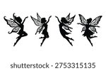 This image features four black fairy silhouettes jumping in the air with their wings spread wide against a clean white background, evoking a sense of freedom and magic. The fairies are depicted in various dynamic poses, showcasing their playful and carefree nature. The stark contrast between the black silhouettes and the white background creates a striking visual effect, making this image perfect for use in design projects, presentations, or as a decorative element.