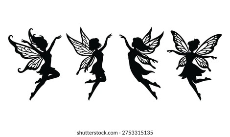 Esta Imagen presenta cuatro siluetas de hadas negras que saltan en el aire con sus alas extendidas contra un fondo blanco limpio, evocando una sensación de libertad y magia. Las hadas se representan en varias poses dinámicas, mostrando su naturaleza juguetona y despreocupada. El marcado contraste entre las siluetas negras y el fondo blanco crea un llamativo efecto visual, haciendo que esta Imagen sea perfecta para su uso en proyectos de diseño, presentaciones o como elemento decorativo.