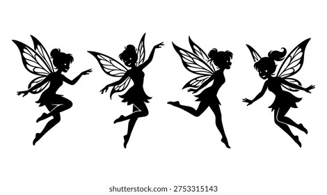 This image features four black silhouette fairies dancing on a white background. The fairies are depicted in various playful poses, showcasing their delicate wings and dynamic movements. The silhouette style gives the image a sense of mystery and magic, making it perfect for use in design projects related to fantasy, mythology, or children's stories.