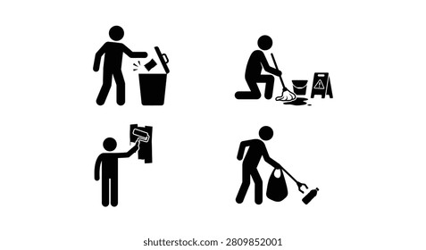This image features four black silhouettes depicting people performing cleaning tasks. The icons show actions like throwing trash mopping painting and vacuuming all against a white background.