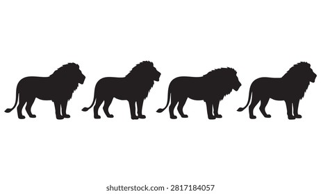 This image features four black lion silhouettes against a white background. The lions are depicted in a walking pose showcasing their distinct forms.
