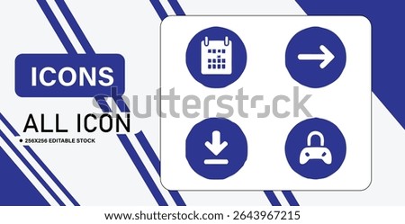 This image features four blue and white icons representing a calendar, an arrow, a download symbol, and a gaming controller.