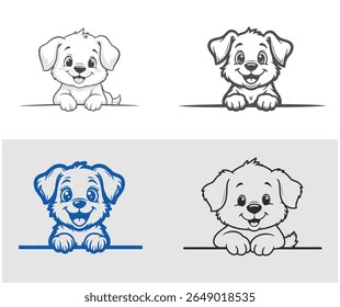 This image features four cartoon puppies, each with a unique style and color palette, peering over a horizontal line.