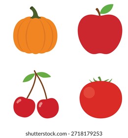 Esta Imagen presenta cuatro ilustraciones claras: una calabaza naranja, una manzana roja, un par de cerezas dulces y un tomate maduro. Todos los artículos están bellamente dispuestos sobre un fondo blanco limpio.