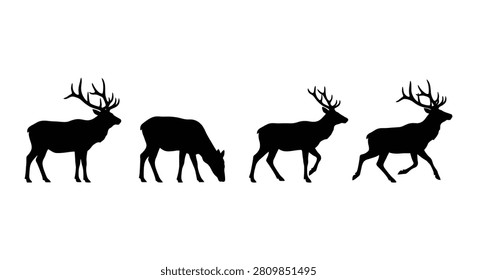This image features four deer depicted as black silhouettes against a plain white background. The deer are shown in different poses – standing grazing walking and running – and the silhouette style is a distinctive