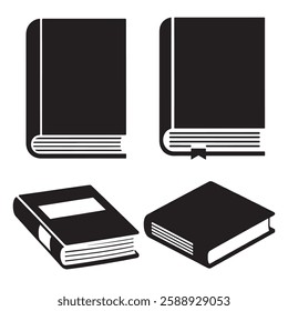 This image features four different views of simple, black silhouette book icons on a white background.