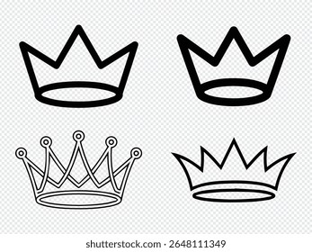 This image features four different crown designs in black outline. The transparent background is perfect for easy integration into designs.