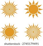 This image features four distinct sun designs arranged in a square pattern. Each sun has a unique style, with some having straight rays and others having curved rays. The colors used are primarily shades of orange and yellow, giving the image a warm and vibrant feel. The designs are simple yet detailed, making them visually appealing.