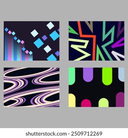 This image features four distinct abstract geometric designs each set against a dark background