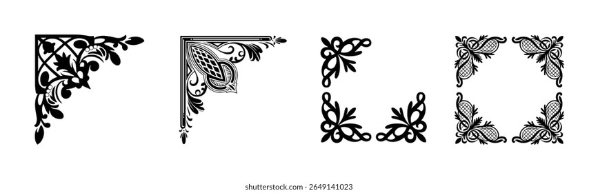 This image features four distinct black and white corner ornaments, each with unique floral and abstract designs, perfect for embellishing designs.