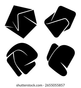 This image features four distinct black abstract shapes arranged in a two-by-two grid. Each shape appears to be a stylized representation of folded paper or origami, with clean lines and a minimalist 