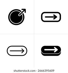 This image features four distinct black and white vector icons, each depicting arrows symbolizing direction, movement, and forward action inside squares. Symbolism implied by direction.